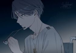 1boy blue_background blue_hair from_side glasses gradient_background hair_between_eyes hand_up holding holding_removed_eyewear kiri_(fog_kai) male_focus meguriya_ayumu parted_lips profile shirt short_hair solo toshi_densetsu_kaitai_center triangle_necklace unworn_eyewear upper_body wheelchair white_shirt