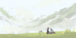 2boys bird black_boots black_hanfu boots chinese_clothes cloud donkey grass hair_ribbon hanfu headband high_ponytail lan_wangji leaning_forward long_hair long_sleeves modao_zushi multiple_boys nature on_rock outdoors ponytail red_ribbon red_sash ribbon rock sash sitting standing topknot wei_wuxian white_headband xianduguaitan