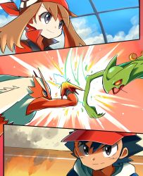 1boy 1girl ash_ketchum attack bandana battle blaziken brown_hair closed_mouth cloud commentary_request creatures_(company) day eyelashes game_freak gen_3_pokemon grey_eyes hair_between_eyes highres hyou_(hyouga617) leaf_blade_(pokemon) may_(pokemon) nintendo pokemon pokemon_(anime) pokemon_(creature) pokemon_move pokemon_rse_(anime) red_bandana sceptile sky smile