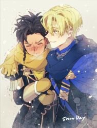 arm_hug armored_gloves belt black_hair black_jacket blonde_hair blue_belt blue_cape blue_eyes blue_scarf blush braid cape chest_belt claude_von_riegan closed_eyes cold commentary couple cowboy_shot dark-skinned_male dark_skin dimitri_alexandre_blaiddyd english_commentary english_text fire_emblem fire_emblem:_three_houses garreg_mach_monastery_uniform gold_sleeve_cuffs hair_between_eyes jacket looking_at_another mittens mochimillet nintendo open_clothes open_jacket runny_nose scarf shirt short_hair side_braid side_cape simple_background single_braid sleeve_cuffs smile snot snow tassel teeth trembling winter yaoi yellow_background yellow_mittens yellow_scarf yellow_shirt