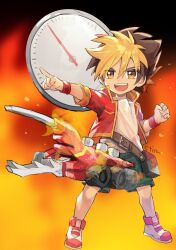 1boy amanogawa_ryuusei blonde_hair brown_eyes clenched_hand fiery_background fire full_body green_shorts highres jacket jinzou_konchuu_kabutoborg_vxv kuroda_(kuro_yyy) male_focus multicolored_hair open_mouth pointing pointing_forward red_jacket shoes short_hair shorts solo toy_car two-tone_hair white_shoes wristband
