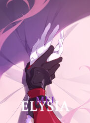2girls absurdres black_gloves character_name chinese_commentary commentary_request elysia_(herrscher_of_human:_ego)_(honkai_impact) elysia_(honkai_impact) gloves hand_focus highres holding_hands honkai_(series) honkai_impact_3rd multiple_girls pink_hair raiden_mei raiden_mei_(herrscher_of_thunder) via_shinan white_gloves yuri