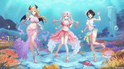 2nd_generation_(hololive) 3girls armlet bikini black_hair black_horns blonde_hair blue_eyes bracelet braid braided_ponytail breast_tattoo breasts center-flap_bangs day demon_girl demon_horns demon_tail demon_wings detached_sleeves dress earrings ekao feet fish frilled_bikini frilled_dress frills full_body gradient_hair grey_hair hair_between_horns hand_up hololive holonatsu_paradise horns jewelry large_breasts long_hair looking_at_viewer medium_breasts multicolored_hair multiple_girls nakiri_ayame nakiri_ayame_(holonatsu_paradise) navel necklace official_alternate_costume official_alternate_hairstyle official_art oni oozora_subaru oozora_subaru_(holonatsu_paradise) open_mouth outdoors parted_lips pink_bikini pink_hair pink_skirt pointy_ears puffy_detached_sleeves puffy_short_sleeves puffy_sleeves purple_bikini purple_sarong red_eyes red_hair sandals sarong short_hair short_sleeves showgirl_skirt sidelocks skin-covered_horns skirt smile stomach strapless strapless_bikini streaked_hair swept_bangs swimsuit tail tattoo thighlet treasure_chest twintails underwater virtual_youtuber waving white_bikini winged_heart winged_heart_tattoo wings yuzuki_choco yuzuki_choco_(holonatsu_paradise)