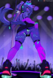 1girl absurdres ass body_writing breasts character_request condom condom_belt cum cum_in_ass glowstick hedgehogs4hent1 highres holding holding_pole nightclub pointless_condom pole shoes sneakers solo stripper_pole thigh_strap ultraviolet_light used_condom
