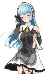 Rule 34 | 1girl, apron, aqua hair, black garter straps, black gloves, black shirt, black thighhighs, blush, breast zipper, breasts, closed eyes, commentary, cowboy shot, detached collar, eiyuu densetsu, facing viewer, frilled apron, frilled skirt, frills, garter straps, gloves, grey apron, hakuleg, hand in own hair, headset, highres, kai no kiseki, kuro no kiseki (series), long hair, maid apron, maid headdress, medium breasts, miniskirt, necktie, parted lips, partially unzipped, pointy ears, risette twinings, shirt, short necktie, simple background, skirt, solo, standing, sweat, thighhighs, two-tone shirt, white background, white shirt, white skirt, wiping sweat, yellow necktie