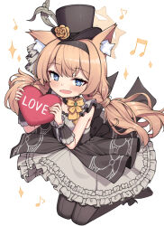 Rule 34 | 1girl, animal ear fluff, animal ears, black dress, black hairband, black hat, black pantyhose, blue archive, blue eyes, breasts, bright pupils, cat ears, cat girl, dress, full body, hairband, halo, hat, heart, heart-shaped pillow, highres, idol, isinose (ilxodidli), long hair, looking at viewer, mari (blue archive), mari (idol) (blue archive), musical note, official alternate costume, open mouth, orange hair, pantyhose, pillow, small breasts, solo, twintails, white pupils, yellow halo