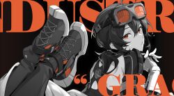 1girl absurdres ahoge back_cutout black_background character_name clothing_cutout crossed_ankles english_text feet_up fingerless_gloves gloves goggles goggles_on_head grace_howard greyscale_with_colored_background hair_between_eyes highres interlocked_fingers looking_at_viewer looking_back low_ponytail lying mindscape_cinema_(zenless_zone_zero) monochrome official_art on_stomach orange_background orange_eyes orange_theme own_hands_together pants parted_lips ponytail red_eyes shoes simple_background sneakers solo spot_color zenless_zone_zero