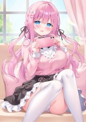 1girl absurdres black_skirt blue_eyes blush bow breasts cellphone choker frilled_choker frills hair_bow hair_ornament highres holding holding_phone large_breasts long_hair long_sleeves looking_at_viewer open_mouth original panties phone pink_hair pink_pillow pink_shirt pleated_skirt ribbon shiono_(0303) shirt sitting skirt smile solo thighhighs underwear white_panties white_skirt white_thighhighs wrist_cuffs