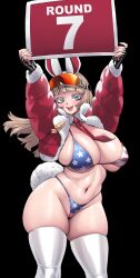 1girl absurdres animal_ears arms_up bikini blonde_hair blue_eyes blush breasts cleavage cowboy_shot curvy eyewear_on_head fur_trim gloves hair_ornament highleg highres holding holding_sign huge_breasts long_hair looking_at_viewer micro_bikini naidong_(artist) navel open_mouth original plump rabbit_girl sign skindentation smile solo standing stomach swimsuit thick_thighs thighhighs thighs