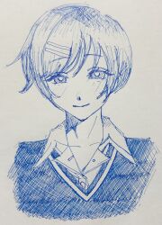 Rule 34 | 1girl, ballpoint pen (medium), blue theme, blush, bright pupils, closed mouth, collared shirt, dress shirt, futsuu no keion-bu, hair ornament, hairpin, hashtag-only commentary, highres, kouyama rin, light smile, looking at viewer, monochrome, paper texture, pen (medium), pixie cut, portrait, shirt, short hair, solo, suu (st62h), sweater vest, swept bangs, traditional media, white pupils