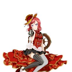 1girl black_skirt black_thighhighs fabric fairy_tale_(love_live!) flower frills grey_thighhighs hand_on_own_cheek hand_on_own_face hat light_blush looking_at_viewer love_live! love_live!_school_idol_festival love_live!_school_idol_project medium_hair mismatched_thighhighs nishikino_maki official_alternate_costume official_art pinstripe_thighhighs puffy_short_sleeves puffy_sleeves purple_eyes red_hair rose shirt shoes short_sleeves sitting skirt smile solo spinning_wheel striped_clothes striped_sleeves striped_thighhighs thighhighs third-party_source thorns transparent_background vertical-striped_clothes vertical-striped_thighhighs white_flower white_rose