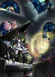 book city cleffa cresselia gen_2_pokemon gen_3_pokemon gen_4_pokemon glowing igglybuff instrument kirlia legendary_pokemon music_box night nintendo piano pokemon pokemon_(creature) ralts sky stained_glass weavile window