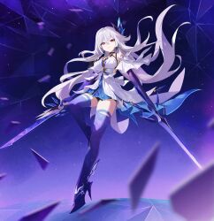 Rule 34 | 1girl, absurdres, dress, dual wielding, floating hair, full body, genshin impact, gosmfl, hair ornament, high heels, highres, holding, holding sword, holding weapon, long hair, looking at viewer, pink eyes, prosthesis, prosthetic arm, prosthetic leg, shards, skirk (genshin impact), solo, sword, very long hair, weapon, white dress, white hair