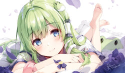 1girl barefoot blue_eyes blue_flower blush feet flower frilled_pillow frills frog frog_hair_ornament green_hair hair_ornament hair_tubes kochiya_sanae legs_up long_hair looking_at_viewer lying miyase_mahiro no_shoes on_stomach petals pillow rose_petals simple_background single_hair_tube smile snake snake_hair_ornament soles solo the_pose touhou white_background