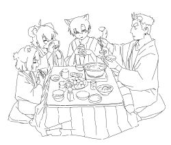 1boy 3girls =_= ahoge animal_ear_fluff animal_ears antenna_hair asymmetrical_bangs bear_ears bear_girl beard_stubble blunt_bangs blunt_ends blunt_sidelocks bob_cut boss_(go!_go!_gris!) bowl bowl_stack broken_horns cat_ears cat_girl chopsticks closed_eyes collarbone commentary crew_cut crossed_bangs cup curtained_hair cushion detached_ahoge dinner dot_nose double-parted_bangs drinking drinking_glass ear_piercing earrings eating english_commentary extra_ears eyebrows_hidden_by_hair facial_hair fang flipped_hair food from_side full_body go!_go!_gris! greyscale grin gris_(go!_go!_gris!) hair_between_eyes hair_intakes hair_over_one_eye half-closed_eyes half_updo hands_up head_tilt highres holding holding_bowl holding_chopsticks holding_cup holding_ladle holding_with_chopsticks invisible_floor japanese_clothes jewelry kara_(go!_go!_gris!) kimono kotatsu ladle lineart long_eyelashes long_sleeves monochrome mouse_ears mouse_girl mug multiple_girls multiple_piercings narrowed_eyes on_floor open_mouth own_hands_together parted_bangs parted_lips perl_(go!_go!_gris!) piercing ponytail portable_stove raised_eyebrows rice_bowl salt_shaker seiza shirt short_hair short_ponytail sideburns sideburns_stubble sidelocks sideways_mouth simple_background sitting sketch slit_pupils smile soup spiked_hair straight-on stubble stud_earrings table thick_eyebrows thick_eyelashes tsurime upper_body v-shaped_eyebrows vertigris w_arms white_background wide_sleeves zabuton