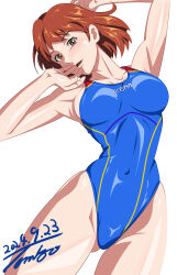 Rule 34 | 1girl, arena (company), armpits, arms up, blue one-piece swimsuit, breasts, brown eyes, brown hair, competition swimsuit, cowboy shot, dated, gluteal fold, highleg, highleg one-piece swimsuit, highres, large breasts, one-piece swimsuit, original, short hair, signature, simple background, solo, swimsuit, tomizofu, white background