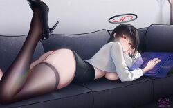 1girl absurdres aifankuendefeng ass black_hair black_shoes black_skirt black_thighhighs blue_archive breasts bright_pupils chinese_commentary commentary_request couch dated foot_up halo high_heels highres hologram indoors large_breasts long_sleeves looking_at_viewer looking_to_the_side lying microskirt on_couch on_stomach red_eyes rio_(blue_archive) shirt shoes signature skindentation skirt solo thighhighs white_pupils white_shirt