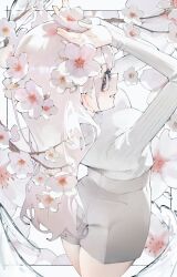 1girl breasts cherry_blossoms commentary_request flower from_behind grey_hair hands_up large_breasts long_hair looking_at_viewer looking_back mi8pq original ribbed_sweater shorts solo sweater teeth thighs white_flower white_shorts white_sweater yellow_eyes
