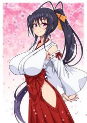 1girl antenna_hair arms_behind_back breasts cherry_blossoms closed_mouth detached_sleeves falling_petals hair_ribbon hakama hakama_skirt high_ponytail high_school_dxd himejima_akeno hip_vent interlocked_fingers japanese_clothes large_breasts long_hair looking_at_viewer miko petals ponytail purple_eyes red_hakama ribbon skirt smile solo very_long_hair virus-g wide_sleeves