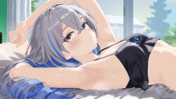 1girl absurdres armpits black_tank_top blue_hair breasts commentary commentary_request drill_hair english_commentary grey_eyes grey_hair highres honkai:_star_rail honkai_(series) indoors lewd_chan lying midriff multicolored_hair on_back on_bed parted_lips silver_wolf_(honkai:_star_rail) small_breasts solo sweat tank_top two-tone_hair