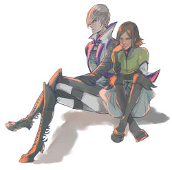 2boys armor boots brown_eyes brown_hair crossed_ankles crossed_legs elbow_gloves full_body gloves green_eyes green_shirt grey_hair hair_over_one_eye hand_on_own_chin head_rest hoof_shoes ishida_mitsunari_(sengoku_basara) japanese_armor jinbaori knee_boots looking_at_viewer male_focus mouri_motonari_(sengoku_basara) multiple_boys pants popped_collar sengoku_basara shirt short_hair simple_background sitting white_background white_pants yona_(waiko)