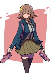 1girl blush breasts brown_hair collared_shirt danganronpa_(series) danganronpa_2:_goodbye_despair flipped_hair hair_ornament highres holding holding_shoes holding_unworn_clothes hood jacket long_sleeves medium_hair nanami_chiaki neck_ribbon open_clothes open_jacket pink_eyes pink_ribbon pleated_skirt ribbon shirt shoes skirt solo spaceship_hair_ornament thighhighs unworn_shoes white_shirt youko-shima