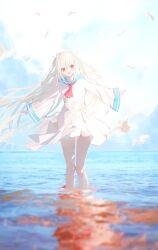 1girl absurdres atri atri-my_dear_moments- bird blue_sky cloud day dress hachibunsaki highres horizon long_hair long_sleeves ocean reflection reflective_water sailor_dress sky soaking_feet solo white_dress wide_sleeves