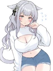 1girl absurdres animal_ears blue_shorts braid breasts cat_ears cat_tail cleavage cleavage_cutout clothing_cutout commentary cowboy_shot crop_top denim denim_shorts facial_mark final_fantasy final_fantasy_xiv flying_sweatdrops grey_eyes grey_hair hair_ribbon hand_up highres large_breasts lilith_degree long_hair long_sleeves looking_at_viewer midriff miqo&#039;te navel parted_lips ribbon short_shorts shorts simple_background solo sweater symbol-only_commentary tail warrior_of_light_(ff14) wavy_hair white_background white_sweater