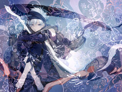 1boy barefoot black_cape black_eyes black_headband black_nails black_pants black_sleeves cape closed_mouth commentary detached_sleeves eyes_visible_through_hair full_body hair_between_eyes headband male_focus matsunaka_hiro original pants scythe short_hair sitting solo white_hair