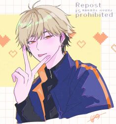 Rule 34 | 1boy, :p, black hair, black shirt, blonde hair, blue jacket, earrings, english text, ese000 0, hand up, heart, highres, jacket, jewelry, long sleeves, looking at viewer, male focus, multicolored hair, orange eyes, shiguang dailiren, shirt, short hair, solo, sparkle, tongue, tongue out, turtleneck, upper body, v, xia fei