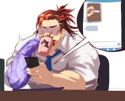 1boy :q bara blue_necktie blush boogeyman_(housamo) brown_hair cup facial_hair female_protagonist_(live_a_hero) goatee highres holding holding_phone implied_pregnancy leoandaslan_(leobongnana) live_a_hero male_focus male_pregnancy mature_male merchandise mug multicolored_hair muscular muscular_male necktie orange_hair phone pregnancy_test red_eyes scar scar_on_face short_hair sideburns sleeves_rolled_up smile solo stomach sweatdrop tokyo_houkago_summoners tongue tongue_out turn_pale two-tone_hair unfinished upper_body