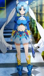 10s 1girl blue_eyes blue_hair blue_panties boots highres ludmila_lourie madan_no_ou_to_vanadis panties pleated_skirt polearm screencap short_hair skirt spear third-party_edit transparent underwear weapon