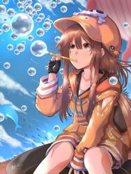 1girl anchor_symbol backpack bag birthday black_gloves blue_sky brown_eyes brown_hair bubble blowing_bubbles cloud collarbone commentary dated english_commentary fingerless_gloves gloves guilty_gear guilty_gear_strive hair_between_eyes highres jacket long_hair mariebell may_(guilty_gear) orange_headwear orange_jacket pipe_in_mouth sidelocks signature skull_and_crossbones sky smoking_pipe solo whale