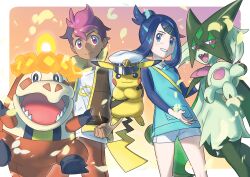 1boy 1girl absurdres animal_hands black_hair blue_eyes blue_hair body_fur breasts captain_pikachu claws closed_mouth cowlick crocalor dark-skinned_male dark_skin eyelashes furry gen_1_pokemon goggles green_fur hair_bun hair_ornament hairclip half-closed_eyes hat highres holding jacket liko_(pokemon) looking_at_viewer meowscarada multicolored_hair nintendo official_art open_clothes open_mouth pikachu pink_hair pokemon pokemon_(anime) pokemon_(creature) pokemon_horizons red_eyes roy_(pokemon) shirt short_hair short_sleeves shorts smile standing tail teeth tongue two-tone_fur two-tone_hair white_shirt