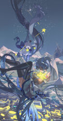 Rule 34 | 1girl, absurdly long hair, absurdres, animal, arm tattoo, beamed eighth notes, black boots, black sleeves, blue eyes, blue hair, blue scarf, blue skirt, blurry, boots, chinese commentary, commentary request, copyright notice, depth of field, detached sleeves, glowing musical note, hatsune miku, high heel boots, high heels, highres, holding, holding star, long hair, midair, mountain, mountainous horizon, musical note, night, number tattoo, rabbit, rabbit yukine, scarf, shirt, sixteenth note, skirt, snowflake print, solo, star (sky), star (symbol), stuffed toy, tattoo, thigh boots, twintails, very long hair, vocaloid, weibo username, white scarf, white shirt, yuki miku, yuki miku (2011), z3zz4