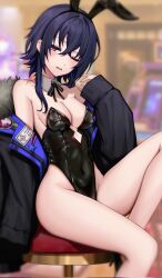 1girl animal_ears black_leotard black_ribbon blurry blurry_background blush breasts character_request cleavage copyright_request covered_navel depth_of_field detached_collar double-parted_bangs fake_animal_ears fur-trimmed_jacket fur_trim hair_between_eyes highleg highleg_leotard highres jacket kushinaka leather_leotard leotard looking_at_viewer multicolored_hair off-shoulder_jacket off_shoulder one_eye_closed purple_eyes rabbit_ears ribbon sidelocks sitting sleeves_past_wrists small_breasts solo streaked_hair