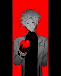 1boy absurdres apple arm_behind_back chinese_commentary closed_mouth commentary_request earrings food fruit gloves greyscale_with_colored_background highres holding holding_food holding_fruit jacket jewelry looking_at_viewer male_focus open_clothes open_jacket red_background red_eyes saibou_shinkyoku short_hair smile solo sweater theodore_riddle tina-humao turtleneck turtleneck_sweater