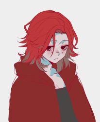1girl 23i2ko :/ black_eyes black_tube_top breasts cleavage colored_tips exhaust head_tilt hood hood_down jacket limited_palette looking_at_viewer medium_hair multicolored_hair original red_hair red_jacket simple_background solo strapless tube_top upper_body white_background