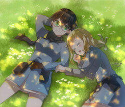 2girls artist_name black_hair black_scarf blonde_hair blue_eyes blue_jacket breasts dappled_sunlight day eini_a_lukkanen elma_leivonen glasses gloves highres jacket long_hair looking_at_another lying medium_breasts military military_uniform multiple_girls open_mouth outdoors pantyhose scarf short_hair sleeping strike_witches:_aurora_no_majo strike_witches:_suomus_misfits_squadron sunlight suomio world_witches_series