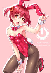 Rule 34 | 1girl, animal ears, black pantyhose, bow, bowtie, breasts, character name, cleavage, commentary request, copyright name, detached collar, fake animal ears, high heels, isshiki akane, kneeling, leotard, looking at viewer, nonbe, open mouth, orange eyes, pantyhose, pink background, playboy bunny, power symbol, rabbit ears, rabbit tail, red bow, red bowtie, red footwear, red hair, red leotard, round teeth, scrunchie, short hair, simple background, small breasts, smile, solo, strapless, strapless leotard, tail, teeth, twintails, upper teeth only, vividred operation, wrist cuffs