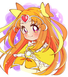 Rule 34 | 1girl, bow, brooch, choker, circlet, cure muse (yellow), frills, hair ribbon, heart, highres, jewelry, long hair, magical girl, meranoreuka (pandapaca), orange hair, precure, purple background, red eyes, ribbon, skirt, smile, solo, suite precure, tiara, upper body, white background, yellow bow, yellow choker, yellow skirt