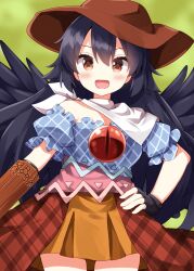 1girl :d arm_cannon black_gloves black_hair blue_shirt blush breasts brown_hat cleavage commentary_request cosplay cowboy_shot fingerless_gloves gloves green_background hand_on_own_hip hat highres kurokoma_saki long_hair looking_at_viewer neckerchief open_mouth plaid_clothes plaid_shirt plaid_skirt red_eyes red_skirt reiuji_utsuho reiuji_utsuho_(cosplay) ruu_(tksymkw) shirt short_sleeves skirt smile solo third_eye touhou weapon white_neckerchief