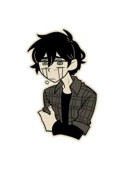 Rule 34 | 1boy, andrew graves, basilcopperhand, black hair, black shirt, bright pupils, collared shirt, crying, crying with eyes open, green eyes, greyscale, highres, layered sleeves, long sleeves, monochrome, open clothes, open shirt, plaid clothes, plaid shirt, shirt, short hair, short over long sleeves, short sleeves, simple background, solo, spot color, tears, the coffin of andy and leyley, upper body, white background, white pupils