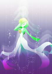 bob_cut closed_eyes colored_skin dress gaoo64 gardevoir gen_3_pokemon green_hair green_skin hair_over_one_eye multicolored_skin nintendo pokemon pokemon_(creature) purple_background two-tone_skin white_dress white_skin