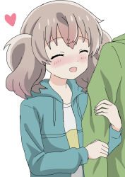 1boy 1girl :d absurdres arm_hug blush closed_eyes fang head_out_of_frame heart highres hood hoodie open_mouth riokasen skin_fang slow_loop smile twintails white_background yoshinaga_koi