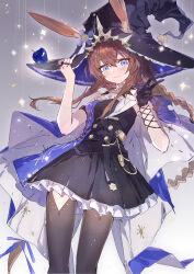 1girl absurdres amiya_(arknights) amiya_(medic)_(arknights) amiya_(medic)_(solo_around_the_world)_(arknights) animal_ears apple arknights bare_shoulders black_dress black_gloves black_hat black_pantyhose blue_apple blue_eyes blush braid braided_ponytail breasts brown_hair cape chinese_commentary closed_mouth commentary_request dress ears_through_headwear feet_out_of_frame food frilled_dress frills fruit gloves gradient_background grey_background hands_up hat highres jewelry long_hair looking_at_viewer multiple_rings official_alternate_costume pantyhose pinky_out pleated_dress rabbit_ears rabbit_girl ring sao7 short_dress sidelocks simple_background single_braid single_glove sleeveless sleeveless_dress small_breasts smile solo sparkle torn_clothes torn_pantyhose v witch_hat