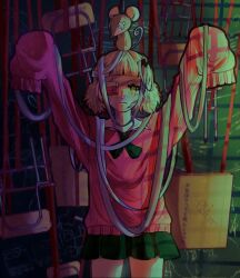 1girl arms_up bandaged_head bandages black_horns blonde_hair blunt_bangs cellphone collared_shirt dim_lighting eyepatch green_eyes green_neckerchief green_skirt horns indoors long_sleeves looking_at_viewer neckerchief phone phone_eyepatch pink_sweater pleated_skirt puffy_sleeves ruru_(shinsei_kamattechan) sad shinsei_kamattechan shirt short_hair single_horn skirt sleeves_past_fingers sleeves_past_wrists standing stuffed_animal stuffed_mouse stuffed_toy sweater thighs white_shirt xarii