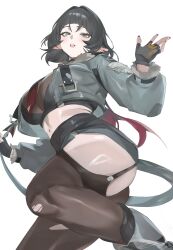 1girl absurdres animal_ears ass between_breasts black_hair black_necktie black_shirt black_shorts blunt_bangs breasts cleavage crop_top ear_piercing fingerless_gloves fingernails fur-trimmed_jacket fur_trim garter_straps gloves gradient_hair green_eyes grey_jacket hand_up high-waist_shorts highres jacket jane_doe_(zenless_zone_zero) large_breasts looking_at_viewer medium_hair mouse_ears mouse_girl mouse_tail multicolored_hair nail_polish navel necktie necktie_between_breasts pantyhose parted_lips piercing red_hair red_nails red_necktie shirt shorts sidelocks simple_background single_garter_strap single_leg_pantyhose solo stomach tail taiyang_yu thick_thighs thighhighs thighs torn_clothes torn_pantyhose torn_thighhighs two-tone_necktie white_background zenless_zone_zero