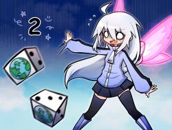 100_percent_orange_juice 1girl ahoge black_skirt black_thighhighs blue_hoodie dice feet_out_of_frame gameplay_mechanics grey_hair highres hood hoodie long_hair long_sleeves miniskirt o_o open_mouth piko_(wonderful_d0g) puffy_sleeves skirt solo suguri suguri_(orange_juice) sweatdrop thighhighs very_long_hair wings zettai_ryouiki zipper_pull_tab