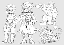 Rule 34 | 1girl, 2boys, breasts, cleavage, closed mouth, full body, goggles, greyscale, hat, helmet, hounori, hunter (metal max), looking at viewer, medium breasts, metal max, metal max 3, monochrome, multiple boys, short hair, simple background